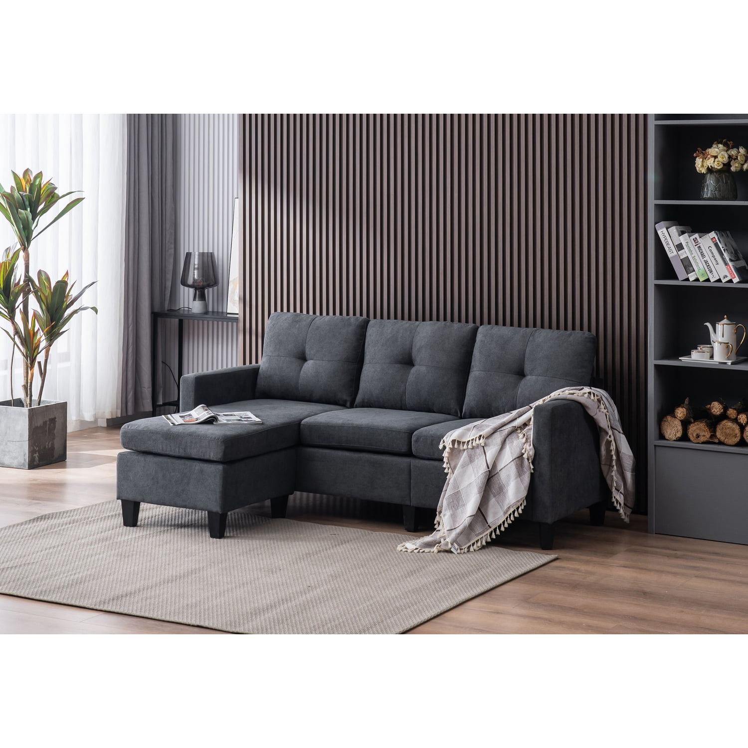 Devion Furniture Polyester Fabric Sectional Sofa in Dark Gray
