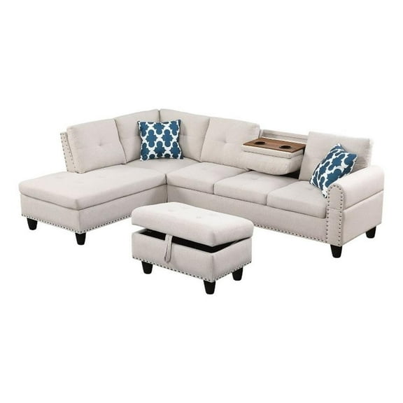 Devion Furniture Polyester Fabric Sectional Sofa with Ottoman-Beige