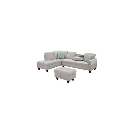 Devion Furniture Polyester Fabric Sectional Sofa with Ottoman-Color:Light Gray
