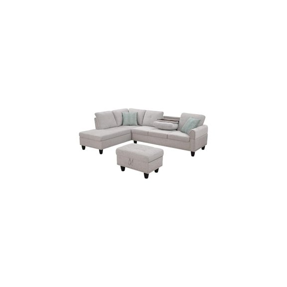 Devion Furniture Polyester Fabric Sectional Sofa with Ottoman-Color:Light Gray