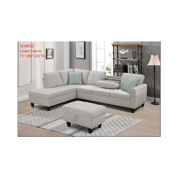 Devion Furniture Polyester Fabric Sectional Sofa with Ottoman-Light Gray