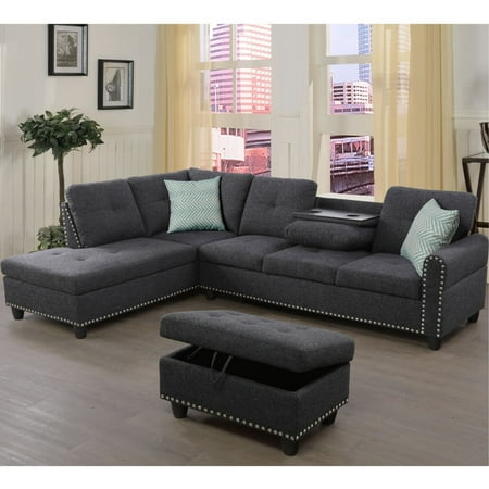 Devion Furniture Polyester Nailhead Trim Sectional Sofa with Ottoman, Dark Gray