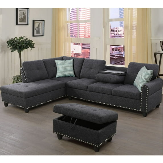 Devion Furniture Polyester Nailhead Trim Sectional Sofa with Ottoman, Dark Gray