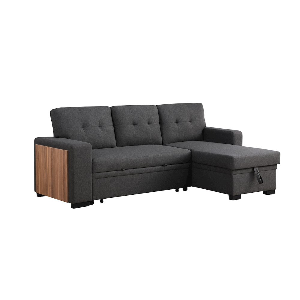 Dark Gray Tufted Fabric Reversible Sectional Sofa with Storage and Cup Holder