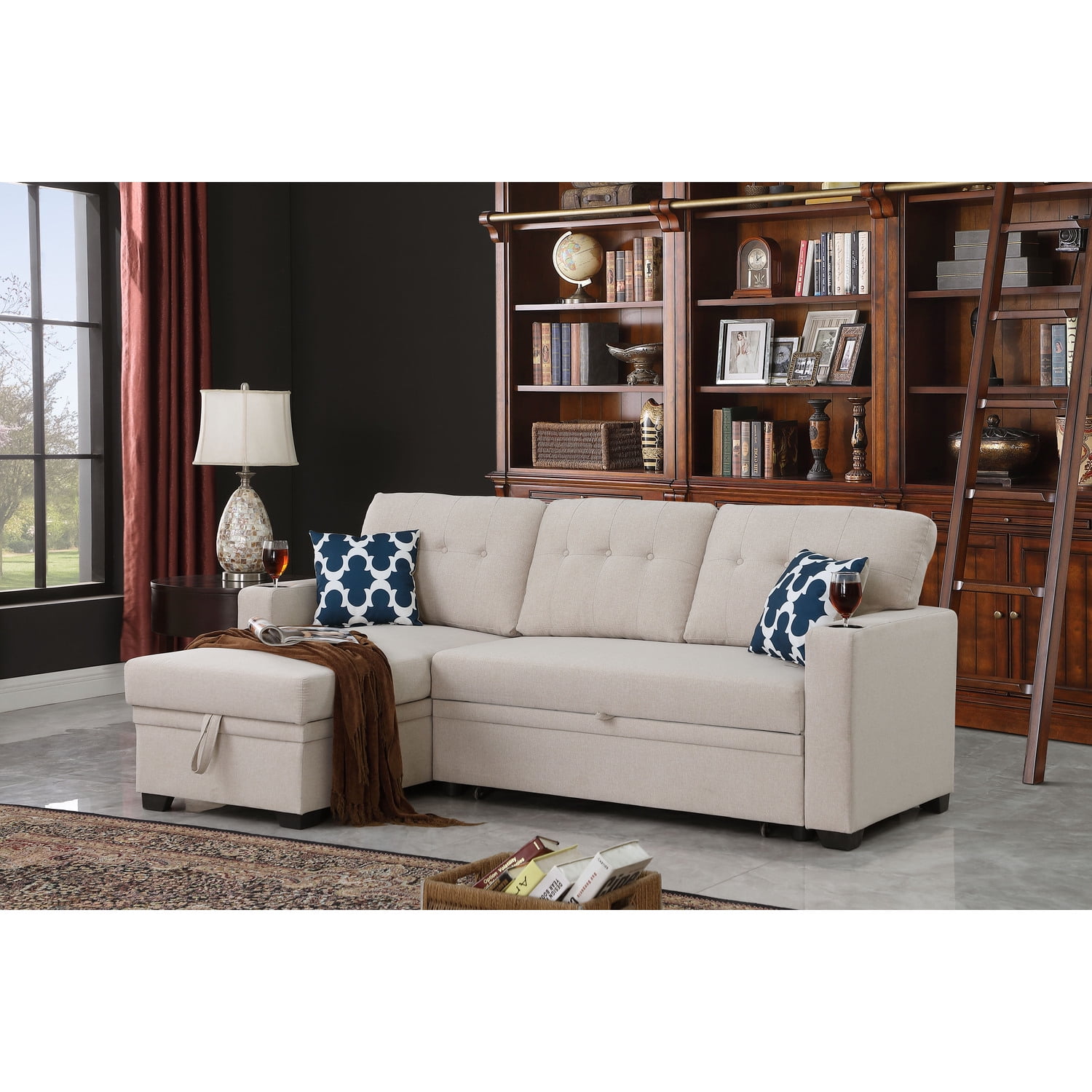 Devion Furniture Beige Fabric Sleeper Sofa Bed & Chaise with Storage Space, Cup Holder for ...