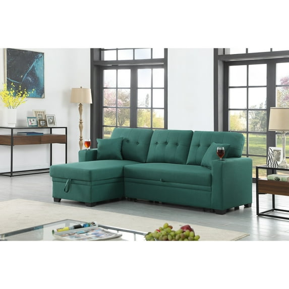 Devion Furniture Reversible Fabric Sleeper Sofa Bed & Chaise with Cup Holder-Color:Green
