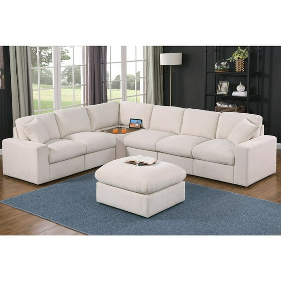 Devion Furniture Sectional Sofa With Table Cupholder Console And Ottoman - Beige Chenille