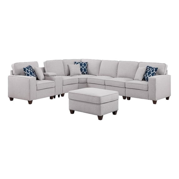 Devion Furniture Solid Print Linen Sectional Sofa with Console and Ottoman, Light Gray