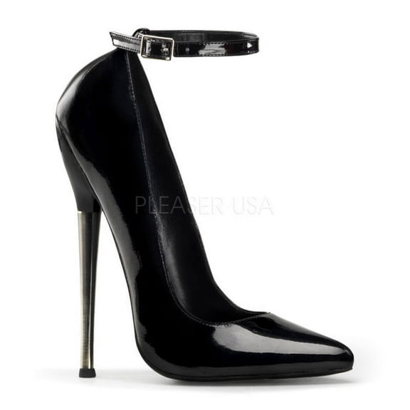 Devious DAGGER-12 - 6 1/4" Solid Brass Heel Ankle Strap Plain Pump-Blk Pat-6
