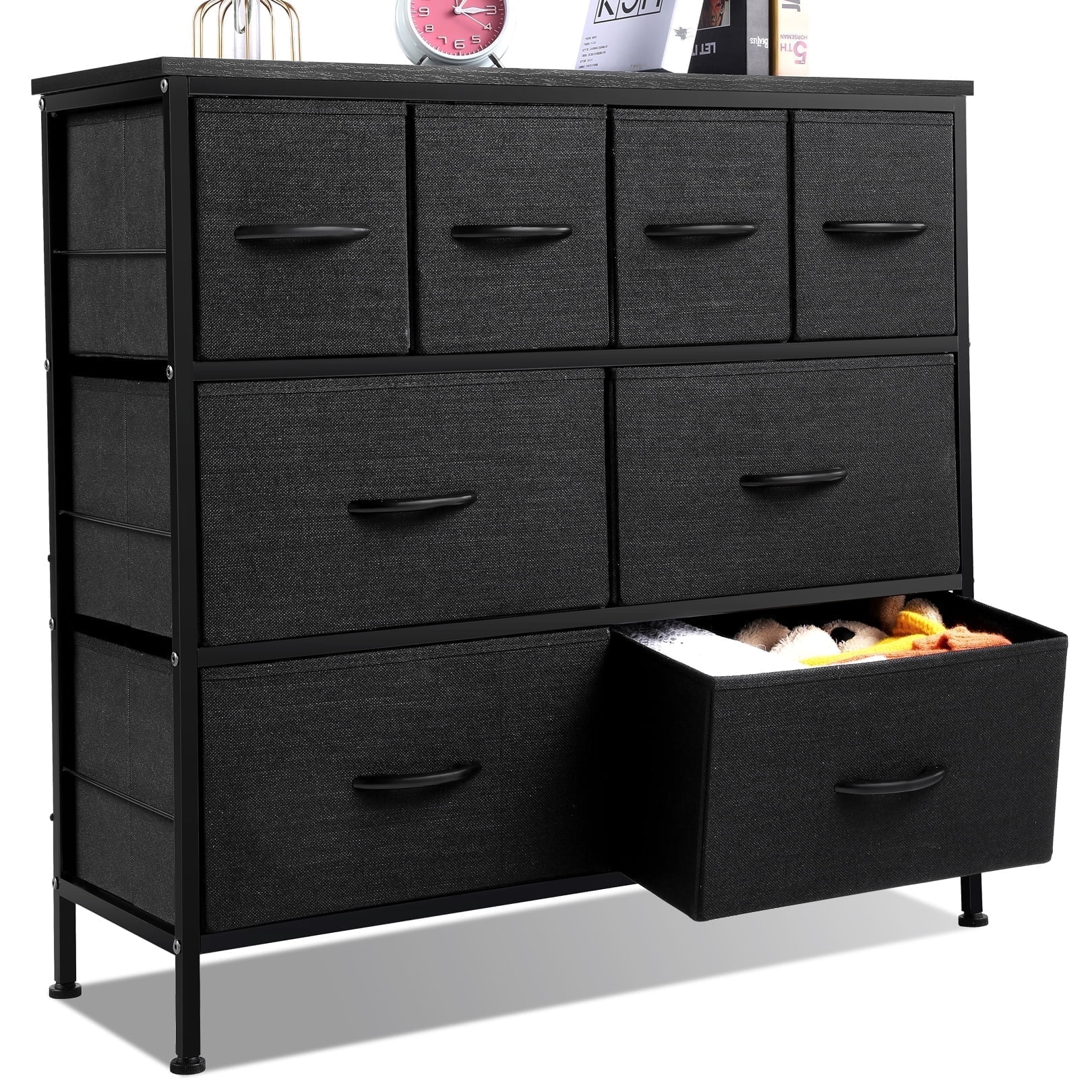 Devo 3-Tier 8 Drawer Dresser, Dresser Chest for Bedroom Cationic Fabric Drawers Organizer with Handle, Wood Top Tower Storage with 4 Adjustable Foot Pads /Anti-Tip/Heavy Duty Closet Shelf, Black