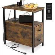 Devo 3-Tier End Table with Drawers and Charging Station, Narrow Wooden Side Table with Open Storage Shelf and USB Ports& Power Outlets Side Table Nightstand Sofa Table for Living Room, Bedroom
