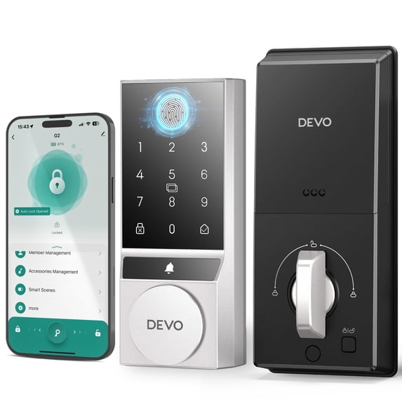 Devo G2 Fingerprint Smart Door Lock, Keyless Entry Door Lock, App Control, Smart Locks for Front Door, Smart Deadbolt Lock, Built-in Bluetooth, Touchscreen Keypad, 8 Months Battery, IP54 Waterproof