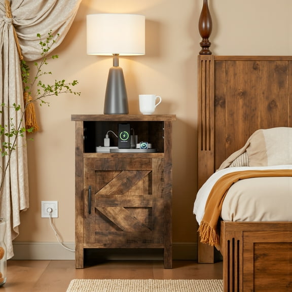 Devoko 1 Piece Farmhouse Nightstand with Storage Shelves Bedside Tables End Table for Bedroom Modern Wood Side Table Living Room,Light Brown