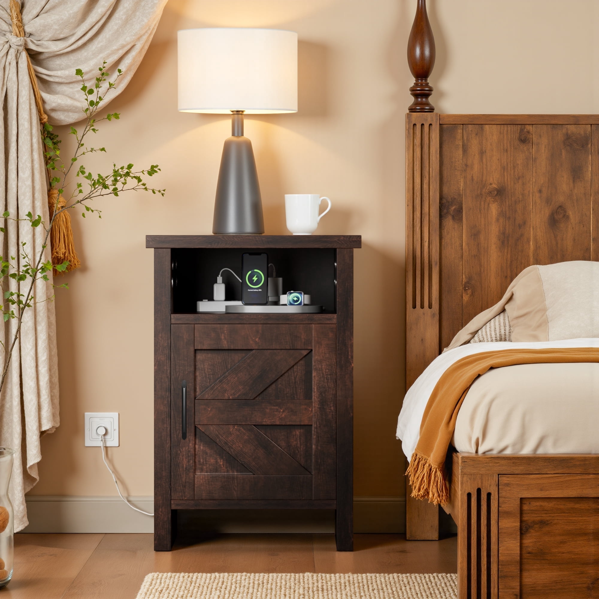 Vineego 1 Piece Farmhouse Nightstand with Storage Shelves Bedside Tables for Bedroom Modern Wood Side Table Living Room, Dark Brown