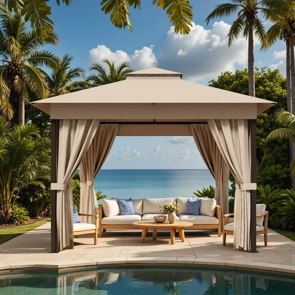 Devoko 10×10 ft Outdoor Pop Up Gazebo with Mosquito Netting，Double Roof Gazebo with Double Curtains for Backyard, Garden and Patio,Khaki