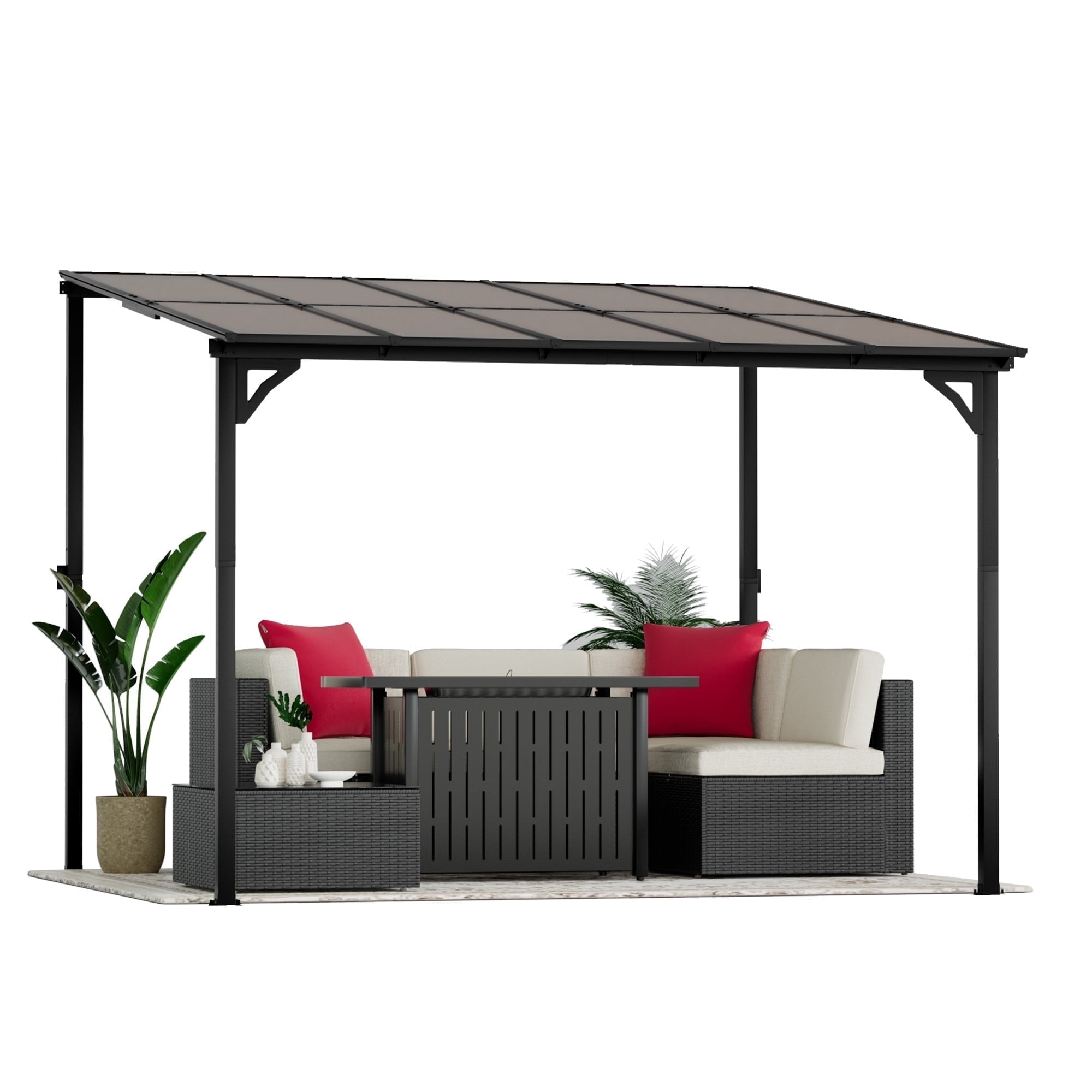 Devoko 10*10 ft Patio Wall-Mount Wall-Free Lean-to Hardtop Pergola Gazebo with Metal Frame and Lean-to Polycarbonate Roof for Backyard and Garden