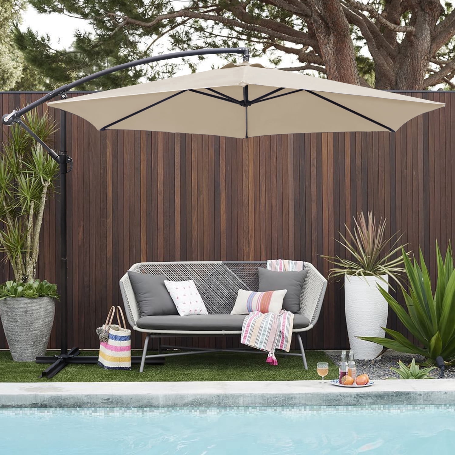 Devoko 10 ft Outdoor Patio Offset Umbrella Shade Market Hanging Umbrella with Cross Base, Beige