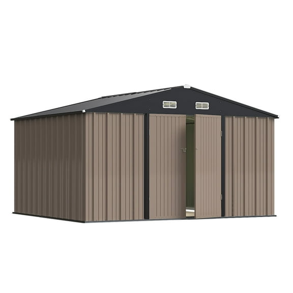 Devoko 10x8 Ft Metal Storage Shed, Lockable Steel Garden Shed for Patio Backyard Outdoor Tools, Brown