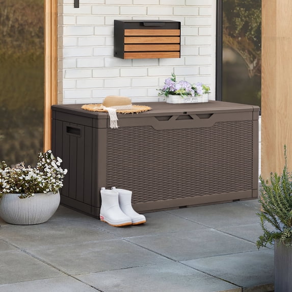 Vineego 100 Gallon Resin Deck Box Outdoor Waterproof Storage Box with Air Rod Outdoor Lockable Storage Bench,Dark Brown
