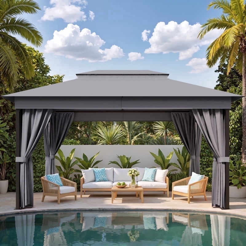 Devoko 10×13 ft Outdoor Pop Up Gazebo with Mosquito Netting，Double Roof Gazebo with Double Curtains for Backyard, Garden and Patio,Gray