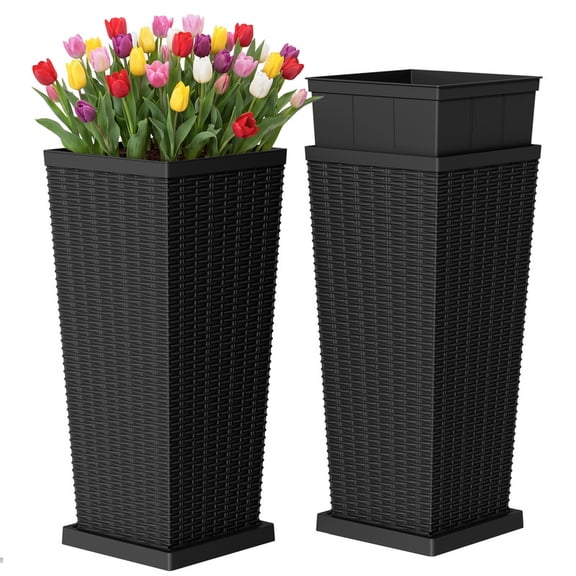 Devoko 2 Pack 30" Tall Outdoor Plastic Planters with trays and Inner Pots, UV Resistant Faux Wicker Rattan Patio Planters, Large Tapered Design for Balcony Garden Living Room, Black