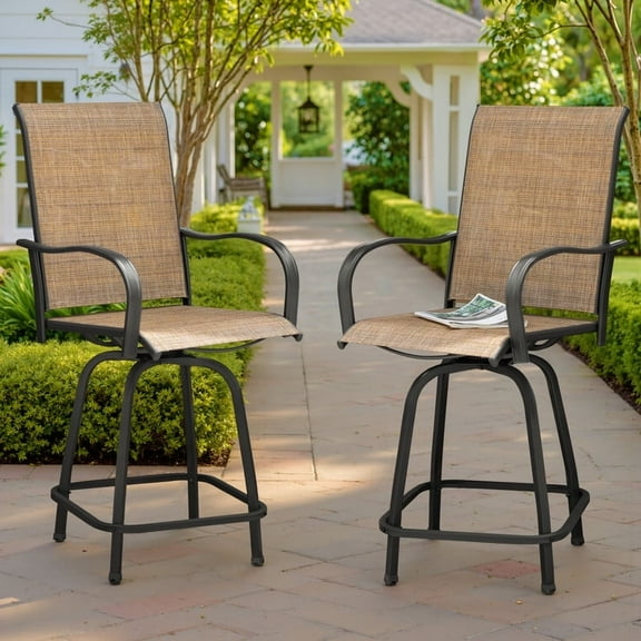 Devoko 2 Pcs Outdoor Swivel Metal Bar Stools, Patio Height Textilene Chairs,Beige