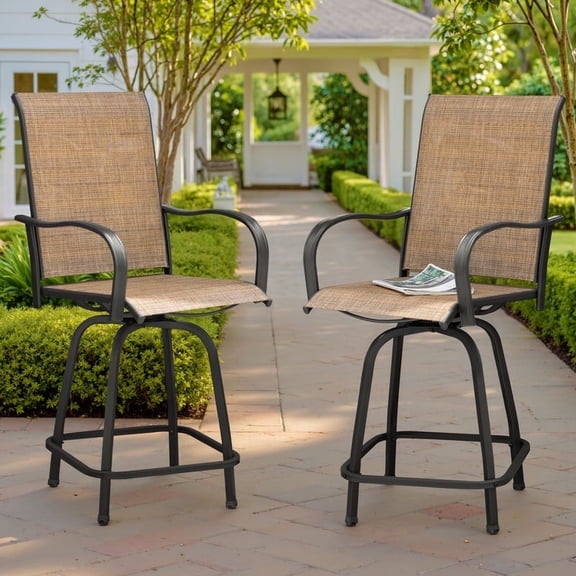 Vineego 2 Pcs Outdoor Swivel Metal Bar Stools, Patio Height Textilene Chairs,Beige
