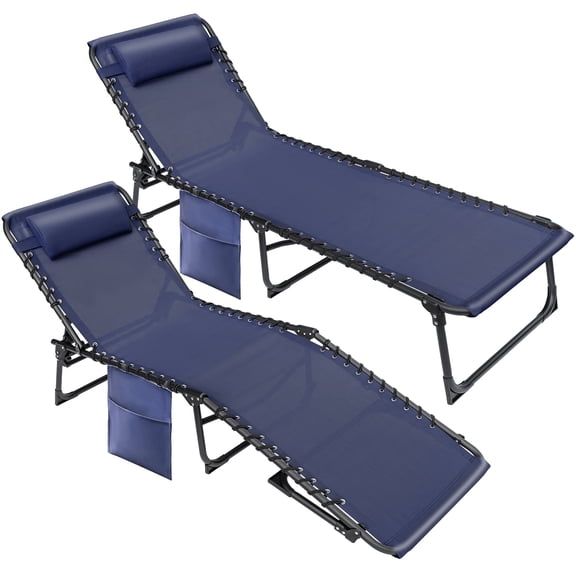Vineego 2 Pieces Foldable Lounge Chaise 12 inch High 5-Position Adjustable Patio Lounge Chair Beach Pool Chaise,Blue