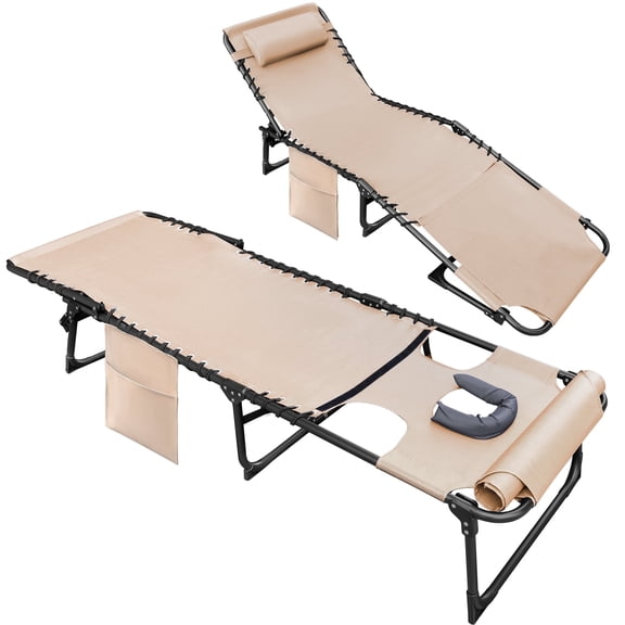 Vineego 2 Pieces Foldable with Sauna, Lounge Coffee Chair 12 Inch High 5-Position Adjustable Patio Lounge Chair Beach Pool Coffee Chair,Biege