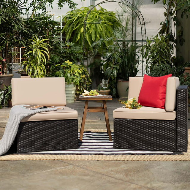 Devoko 2 Pieces Patio Sectional Set Outdoor Rattan Loveseat with Cushions & Red Pillow, Beige