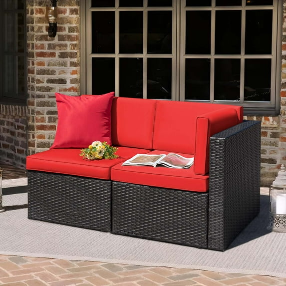 Devoko 2 Pieces Patio Sectional Set Outdoor Rattan Loveseat with Cushions & Red Pillow, Red