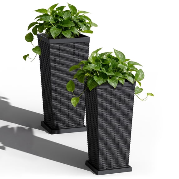 Devoko 24" Tall Planters for Outdoor Plants Set of 2, Woven-Textured Outdoor Plant Pots with Trays for Patio, Front Porch