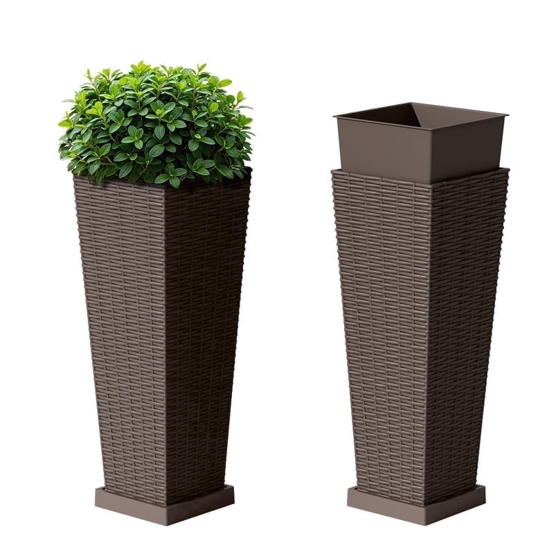Devoko 24" Tall Planters for Outdoor Plants Set of 2, Woven-Textured Outdoor Plant Pots with Trays for Patio, Front Porch