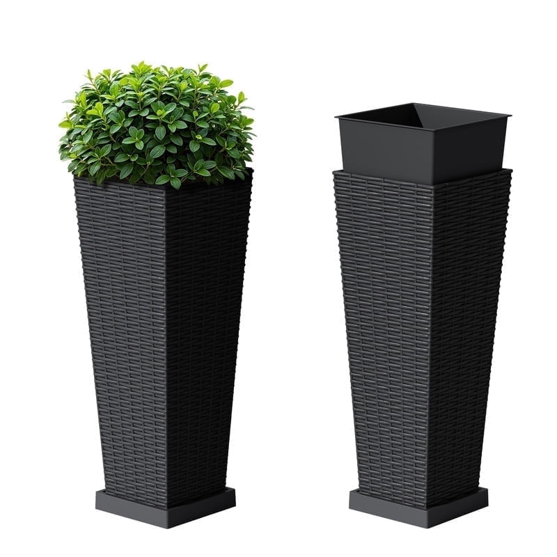 Devoko 24" Tall Planters for Outdoor Plants Set of 2, Woven-Textured Outdoor Plant Pots with Trays for Patio, Front Porch