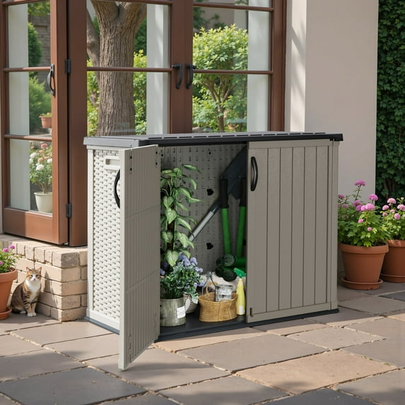 Devoko 26 Cu.ft Resin Outdoor Storage Shed, With Stable Floor and Lockable Door, All-Weather Storage Shed, Beige