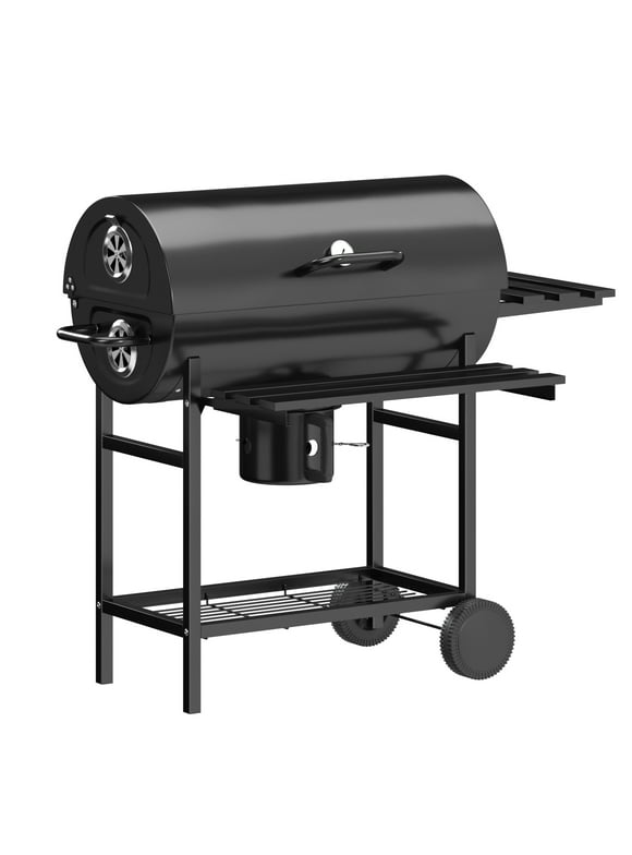 Devoko 29” Barrel Outdoor Charcoal Grill with Side Shelf and Wheels, Black