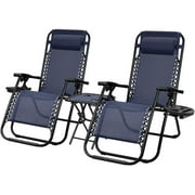 Devoko 3 Pcs Zero Gravity Chair Patio Folding Recliner Outdoor Chaise Lounge Chairs Portable Reclining Chair Set with Side Table, Blue