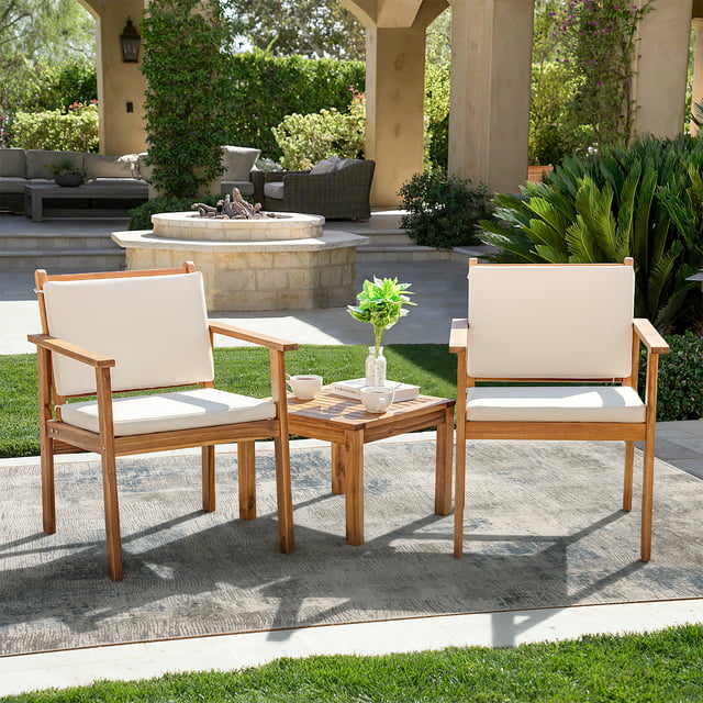 Devoko 3 Pieces Acacia Patio Conversation Set Outdoor Furniture Set with Cushions and Side Table for Porch, Yard and Balcony, Beige