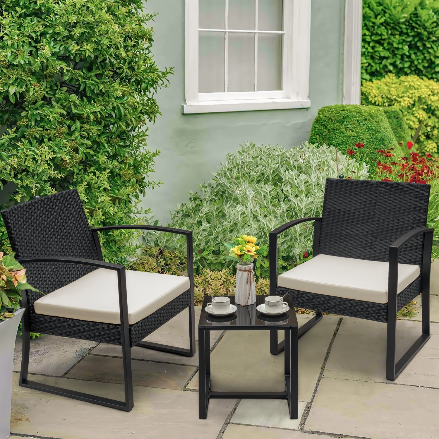 Devoko 3Piece Outdoor Plastic Bistro Set, Porch Chairs with Cushion