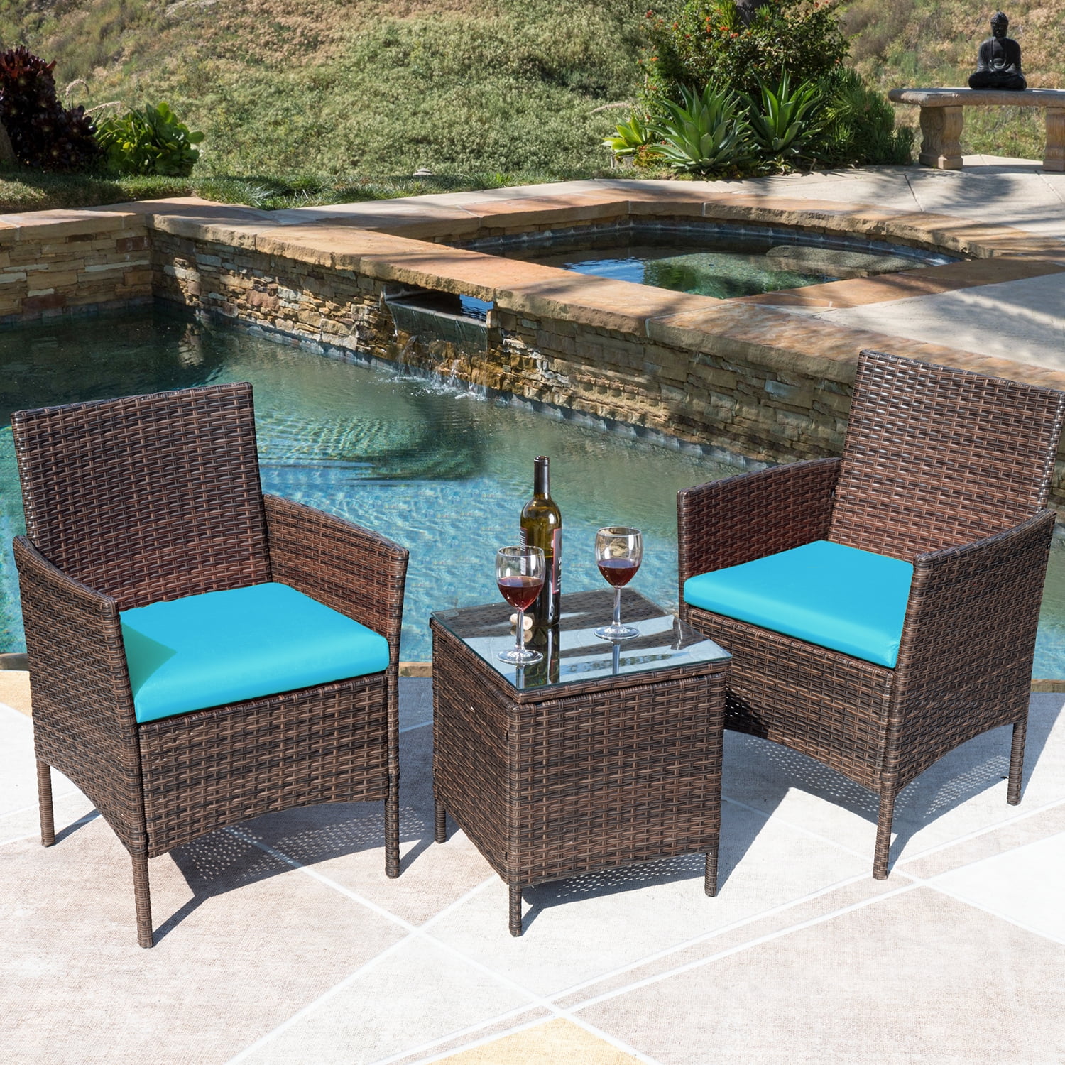 Walmart Coupons of Devoko 3-Piece Porch & Balcony Set: PE Rattan Wicker Outdoor Furniture with Table, Brown/Blue