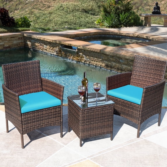 Devoko 3 Pieces Patio Furniture Set Outdoor Conversation Set Wicker Bistro Chairs Set of 2 with Coffee Table for Porch Backyard Balcony,, Brown/ Blue
