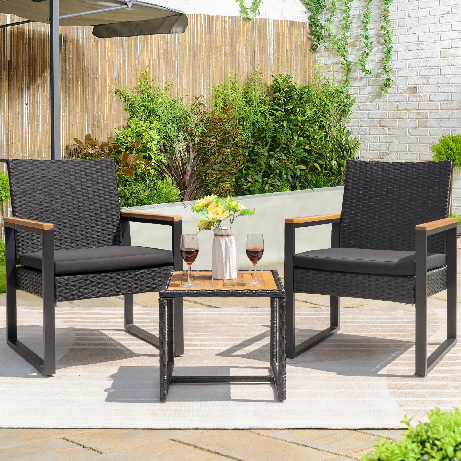 Devoko 3 Pieces Patio Conversation Set Outdoor Rattan Chair Set of 2 with Wood Coffee Table, Black - image 1 of 7