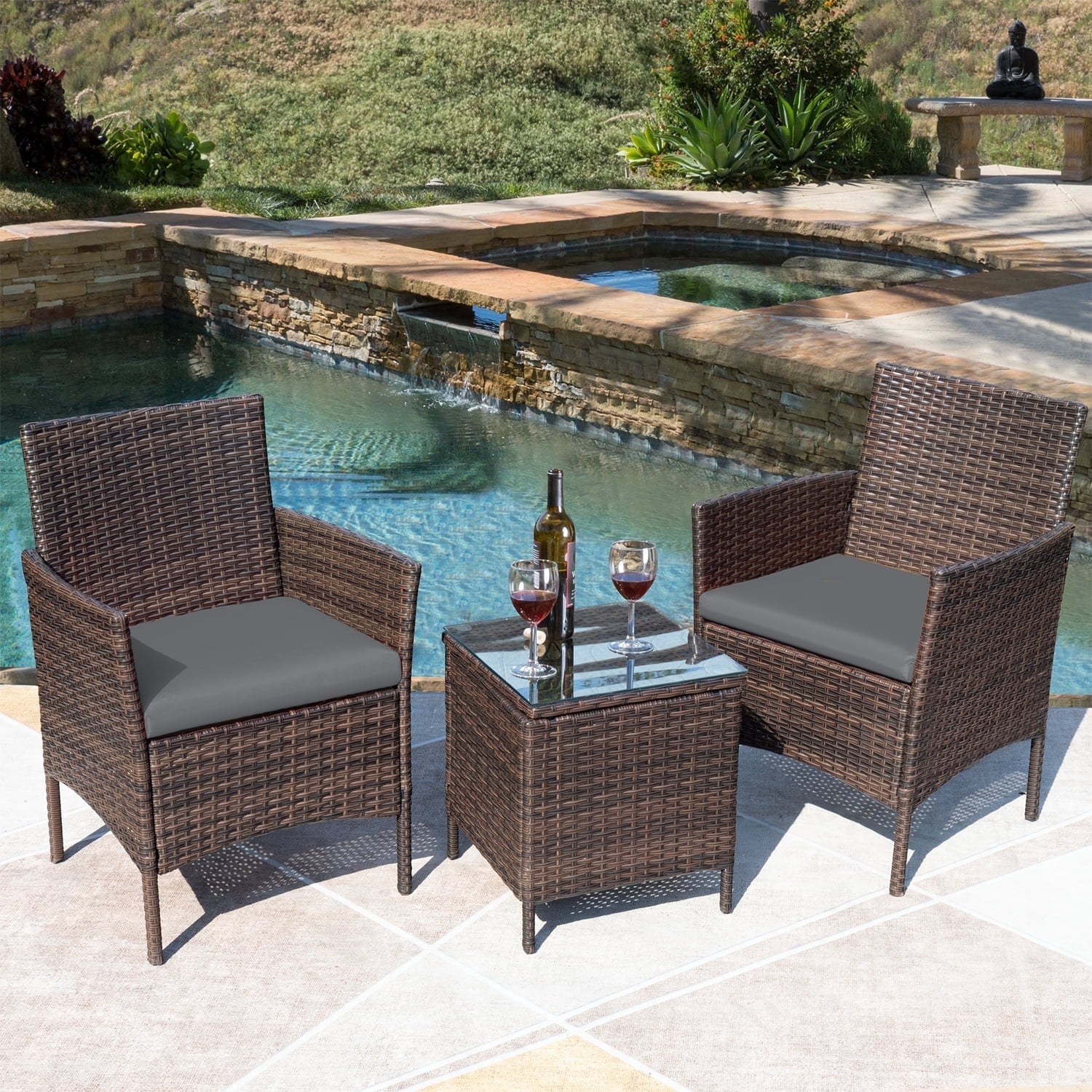Devoko 3 Pieces Patio Furniture Set Outdoor Conversation Set Wicker Bistro Chairs Set of 2 with Coffee Table for Porch Backyard Balcony,, Brown/Gray