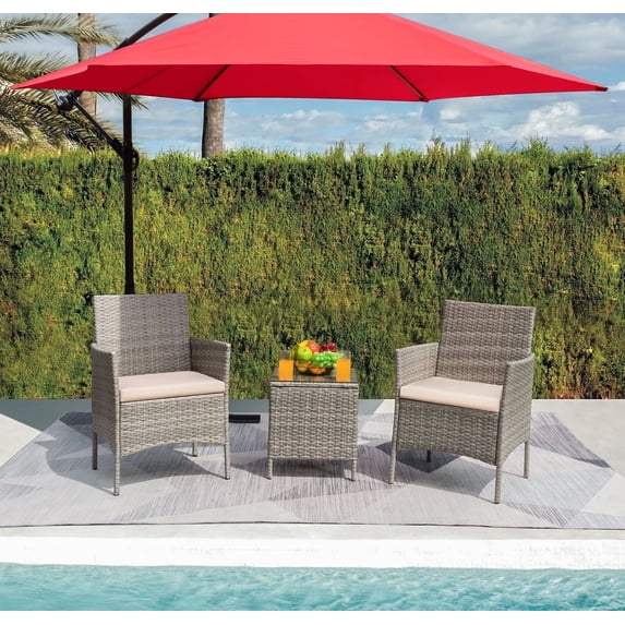 Devoko 3 Pieces Patio Furniture Set Outdoor Conversation Set Wicker Bistro Chairs Set of 2 with Coffee Table for Porch Backyard Balcony,, Gray/Beige