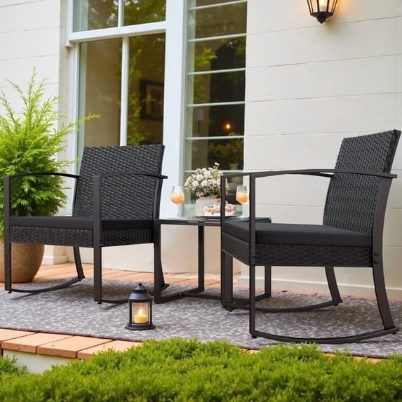 Vineego 3 Pieces Patio Furniture Set, Rocking Chairs with Coffee Table Set, Outdoor Wicker Bistro Set for Garden