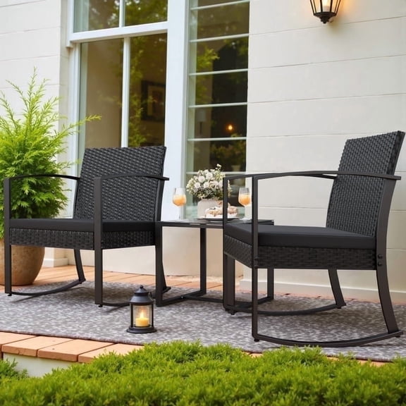 Vineego 3 Pieces Patio Furniture Set, Rocking Chairs with Coffee Table Set, Outdoor Wicker Bistro Set for Garden
