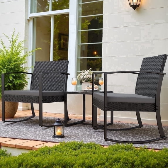 Devoko 3 Pieces Patio Furniture Set, Rocking Chairs with Coffee Table Set, Outdoor Wicker Bistro Set for Garden