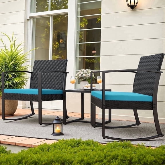 Devoko 3 Pieces Patio Furniture Set, Rocking Chairs with Coffee Table Set, Outdoor Wicker Bistro Set for Garden