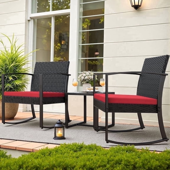 Devoko 3 Pieces Patio Furniture Set, Rocking Chairs with Coffee Table Set, Outdoor Wicker Bistro Set for Garden