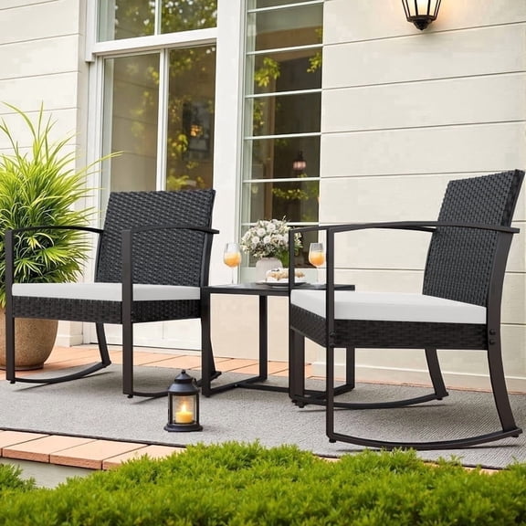 Devoko 3 Pieces Patio Furniture Set, Rocking Chairs with Coffee Table Set, Outdoor Wicker Bistro Set for Garden